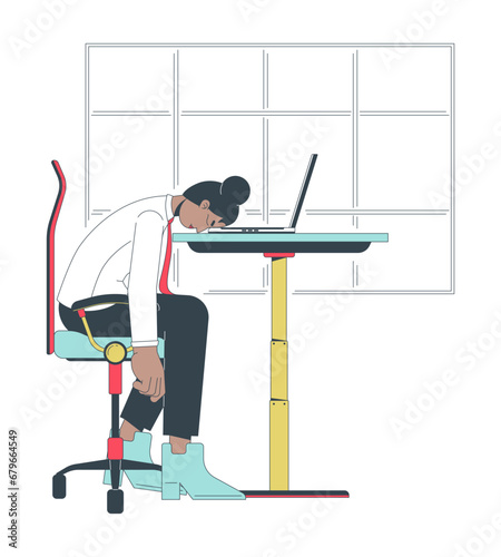 Work overload line cartoon flat illustration. Black female worker head down on desk 2D lineart character isolated on white background. Frustrated employee. Burnout syndrome scene vector color image