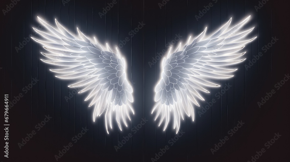 
 christmas  angel wings , neon white light , on dark background, - obrazy, fototapety, plakaty 