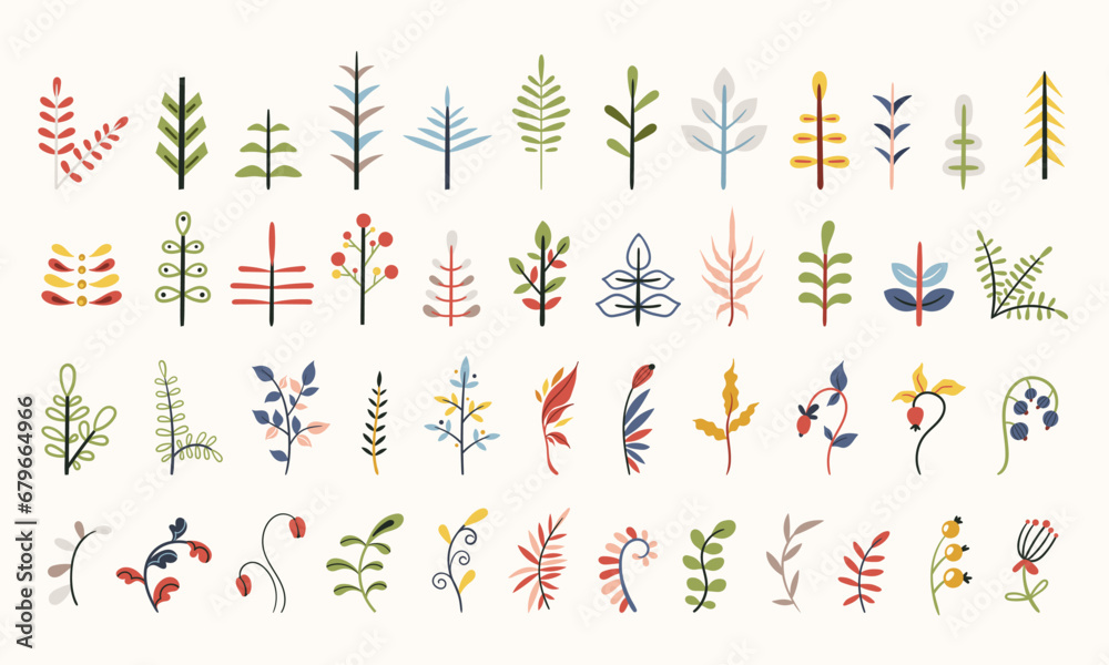 Folk flowers clip arts vector set in Scandinavian Nordic style, hygge plants isolated designs on white. Collection of classic ethnic florals. scandi folk naive motifs in blue and red colors - obrazy, fototapety, plakaty 