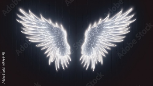 Fototapeta  christmas angel wings , neon white light , on dark background,