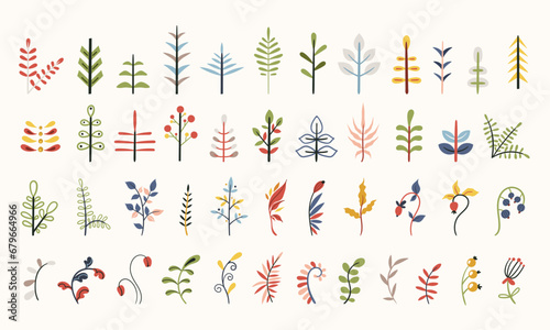 Folk flowers clip arts vector set in Scandinavian Nordic style, hygge plants isolated designs on white. Collection of classic ethnic florals. scandi folk naive motifs in blue and red colors