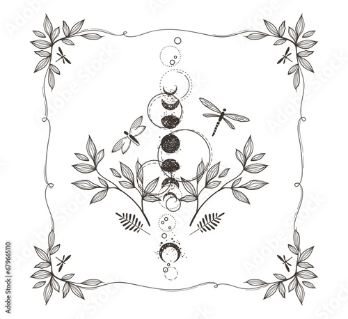 Mystical celestial moth and moon phases with floral frame, magic entomology clip art in black color silhouette, lunar insect with stars line art in vector, unreal hand drawn butterfly