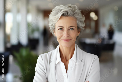 Confident older mature business woman in office.