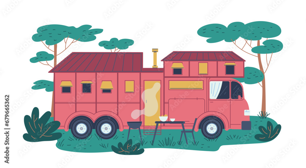 Obraz premium Red camper van on holiday camping, picnic with barbecue, table and chair in forest, vector auto two-storied house bus