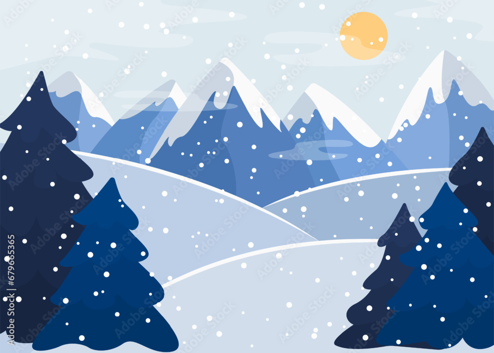 Winter sunny landscape illustration. Snow-capped mountains and Christmas trees. Seasonal background