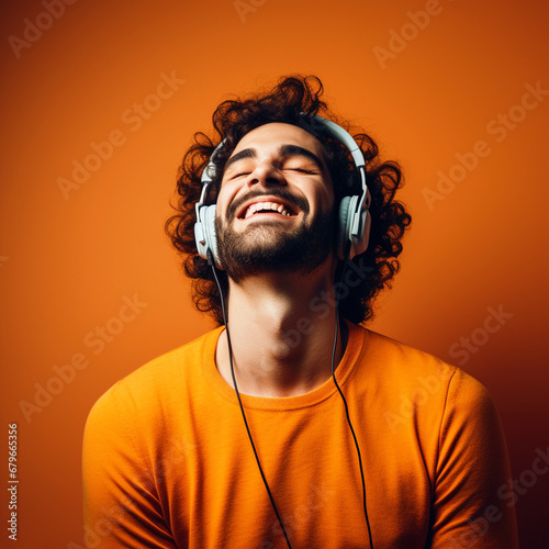 Man wearing headphones portrait on isolated orange background - ai generative