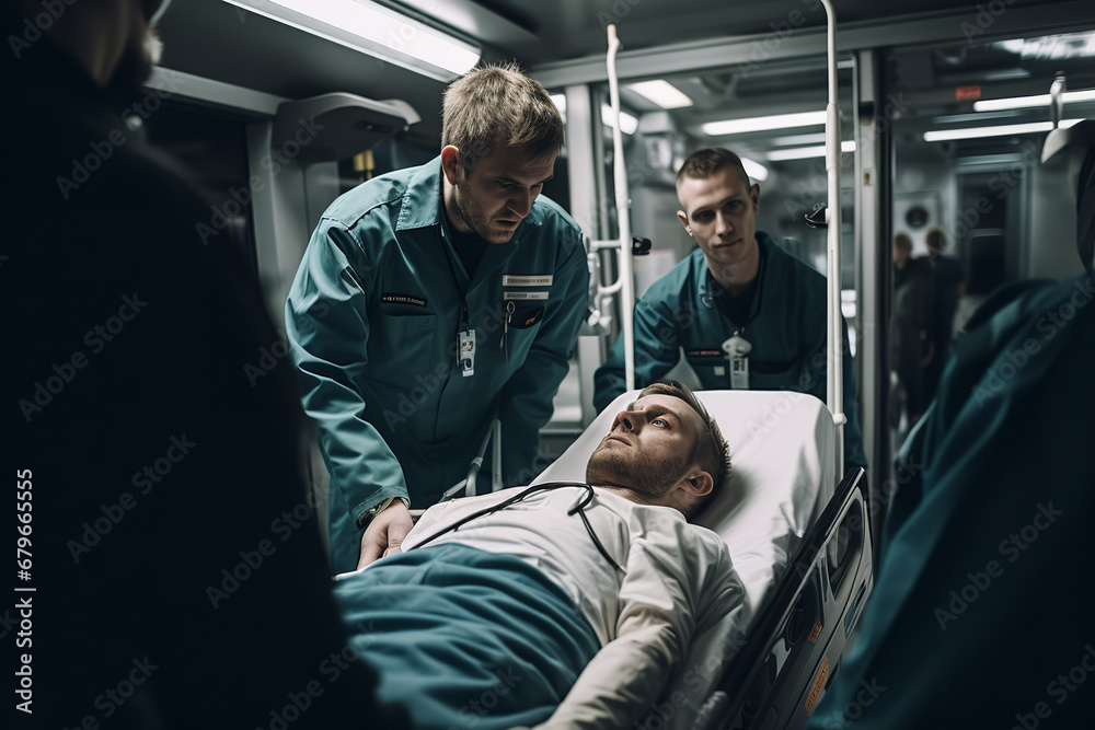 Medical staff transferring a patient on a stretcher from a regular ward to the Intensive Care Unit in a hospital - obrazy, fototapety, plakaty 
