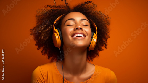 Lady wearing headphones portrait on isolated orange background - ai generative photo