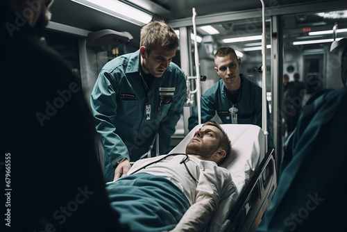 Medical staff transferring a patient on a stretcher from a regular ward to the Intensive Care Unit in a hospital photo