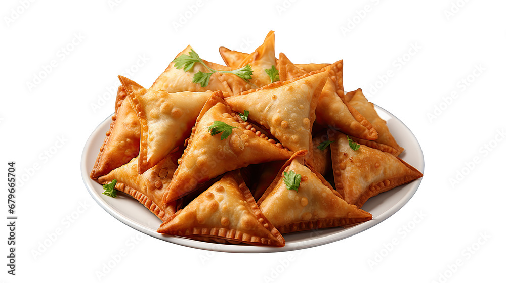 Isolated illustration of a plate with vegetarian samosas. Illustration for covers, banners and other projects about vegan food. Isolated illustration of a plate with vegetarian samosas. Illustration for covers, banners and other projects about vegan food.