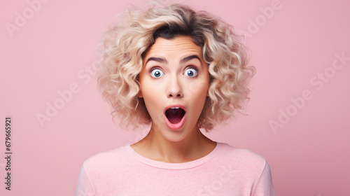 Shocked woman portrait on isolated pink background - ai generative