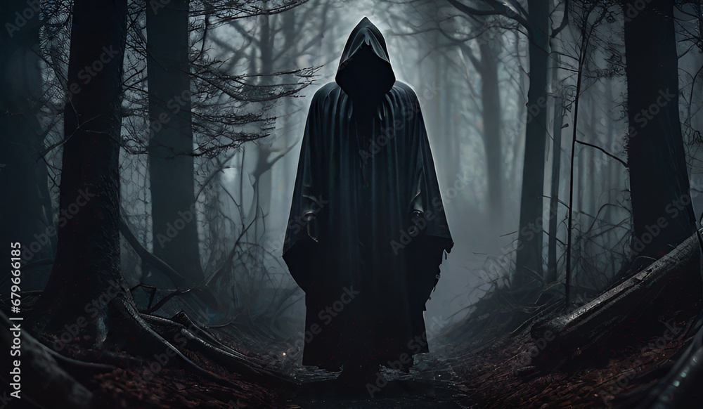 Black hooded figure in the dark woods Black hooded figure in the dark woods