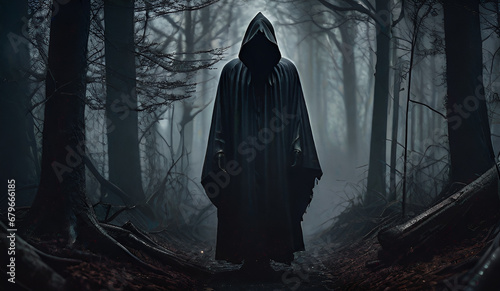 Black hooded figure in the dark woods