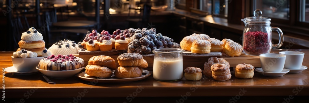 a counter with a variety of pastries and coffee cups