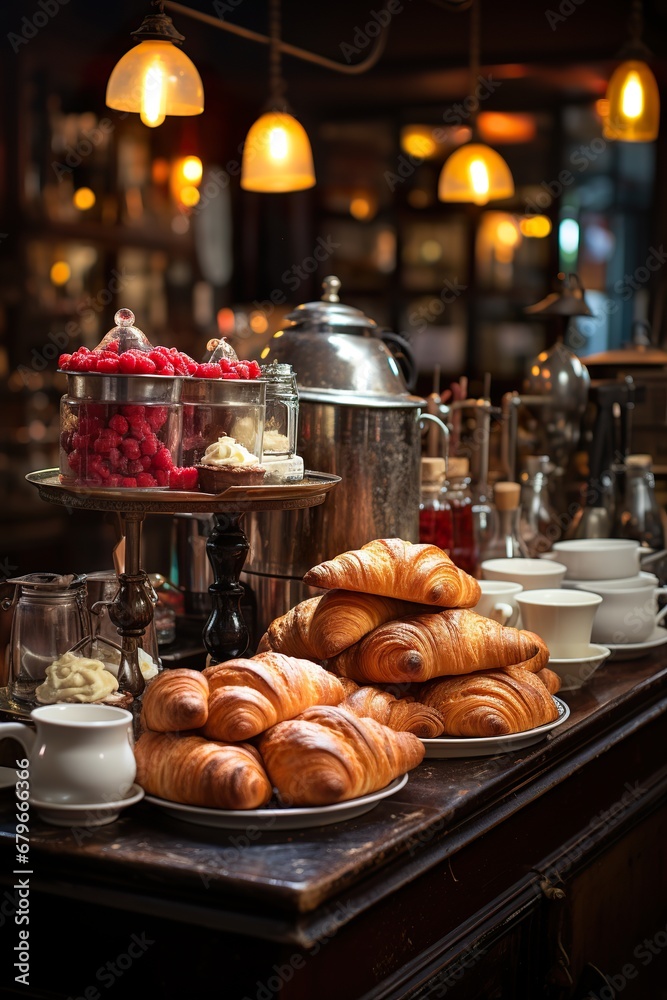 a counter with a variety of pastries and coffee cups