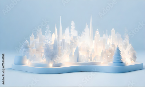 3d  Tiny city holds New Year s festival celebrations on a white table. Simple and elegant luxury table city holds a festival to celebrate New Year s Day  Christmas. soft pastel blue