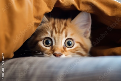 funny kitten peeks out from under the blanket. close portrait