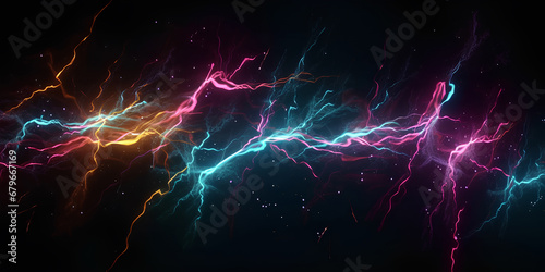 Flashes of colorful neon lightning on black. Abstract background