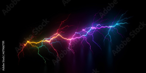 Rainbow colored flashes of neon lightning on black. Abstract background