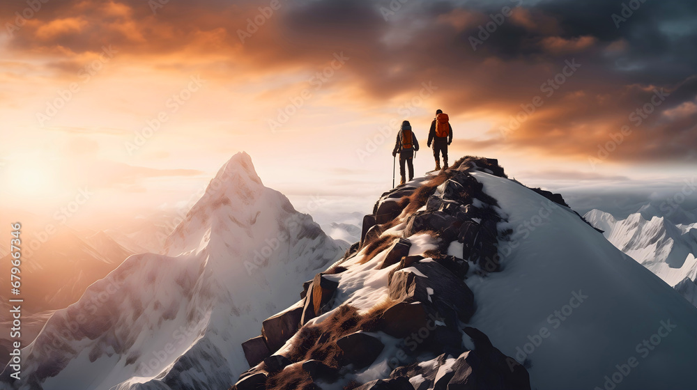 Far photography of two people hiking, and standing on the snowy mountain top, looking at beautiful horizon view of a sunrise, under the cloudy sky - obrazy, fototapety, plakaty 