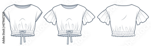 Ruffled Top fashion flat tehnical drawing template. Cropped T-Shirt technical fashion illustration, frill sleeve, relaxed fit, drawstring waist, front, back view, white, girls, women CAD mockup set.