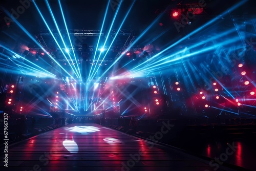 stage and flashing blue and red lights, music concert concept. generative ai photo