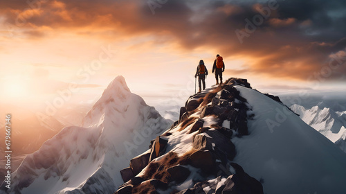 Far photography of two people hiking, and standing on the snowy mountain top, looking at beautiful horizon view of a sunrise, under the cloudy sky