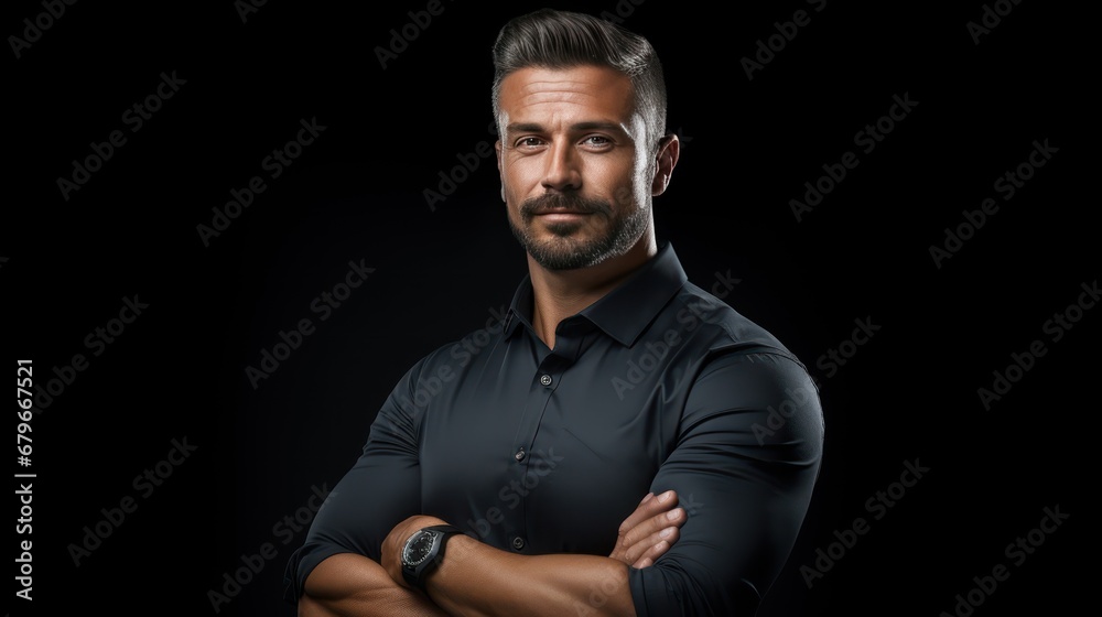 A Expert engineering consultant with arms crossed looking at camera, side view, half body shot, black isolated background, PNG, - obrazy, fototapety, plakaty 