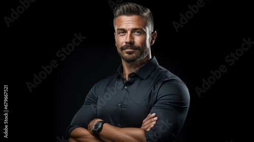 A Expert engineering consultant with arms crossed looking at camera, side view, half body shot, black isolated background, PNG, photo