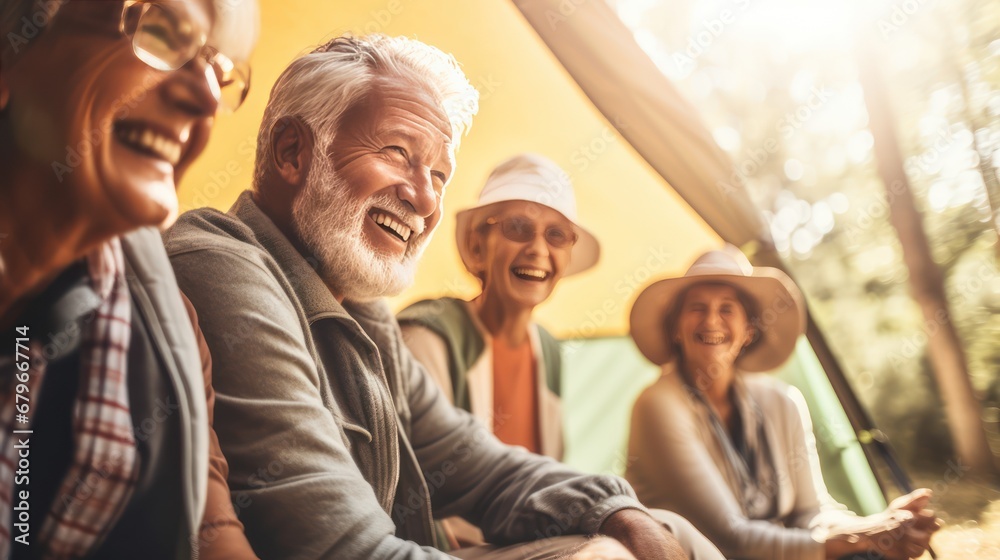 A Candid capture of joyful senior citizens enjoying companionship at a social club. Collect friendships and fun during camping adventures in misty forests and lakes.