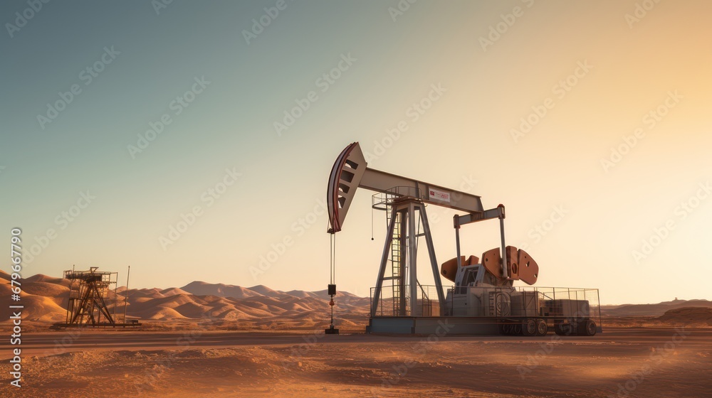 A Oil drilling machine in the desert, Industry, energy industry, gas station at sunset. A Oil drilling machine in the desert, Industry, energy industry, gas station at sunset.
