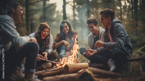 A diverse group of Asian youths having fun, laughing and bonding around a campfire. Collect friendships and fun during camping adventures in misty forests and lakes.