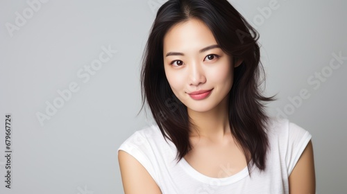 Attractive brunette Asian woman wearing a white t-shirt and glasses Isolated on white background.