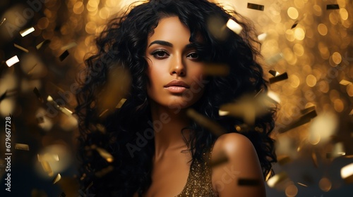 A Beautiful Egyptian women Surrounded by gold confetti.