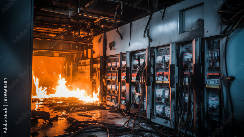 Industrial Electrical panel on fire, short circuit and junction cable box fire in house appartment or factory - obrazy, fototapety, plakaty 