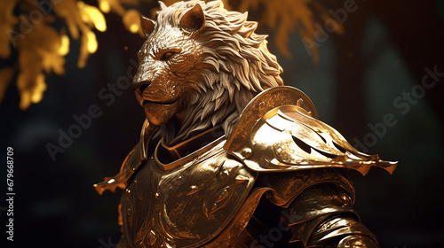 Golden lion king gothic knight statue animal illustration image AI generated photo