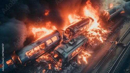 Railroad accident burning, train collision, fire on a passenger Wagons carriage, aerial top view.