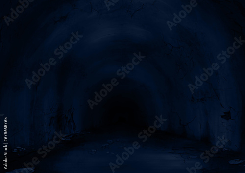 不気味にひび割れた青い廃トンネル