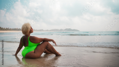 A sexy plus size African American woman sits on the beach in a green swimsuit and looks at the ocean. Banner format with free space. The concept of vacation and relaxation in a tropical country.