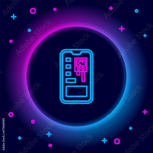 Glowing neon line Smart control farming system mobile application icon isolated on black background. Colorful outline concept. Vector