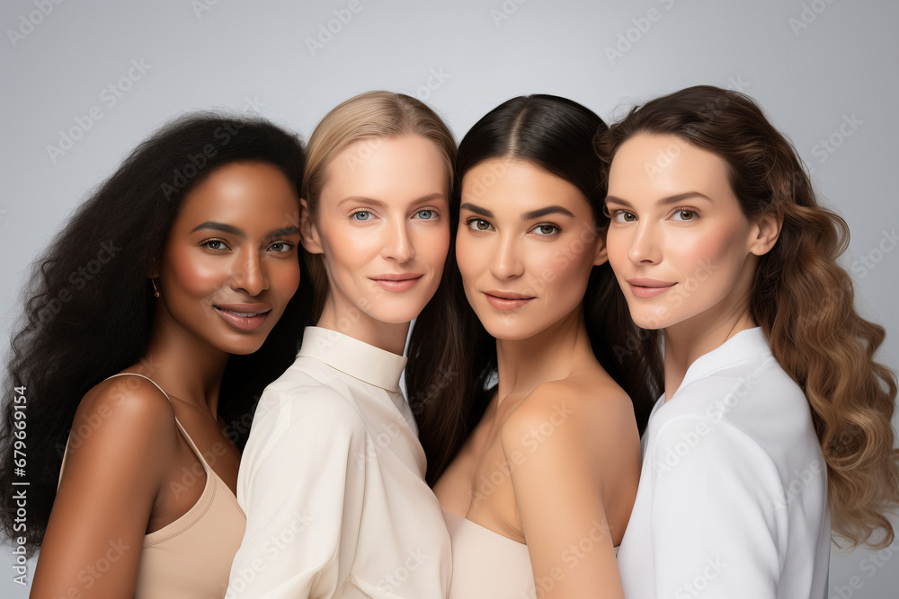 Multiethnic portrait of beautiful young women of different ages in studio. Concept beauty skin care Multiethnic portrait of beautiful young women of different ages in studio. Concept beauty skin care