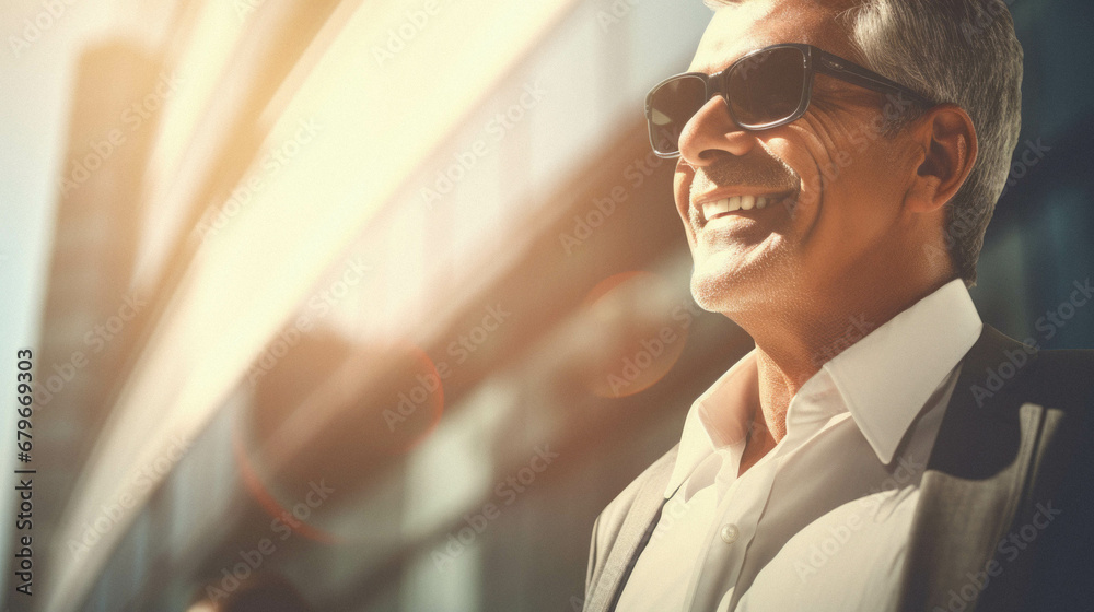 Businessman smiling and laughing wearing sunglasses standing outdoors.
