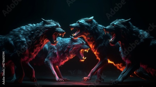 Wolves fighting their teeth howling angry dark background photography image AI generated pictures