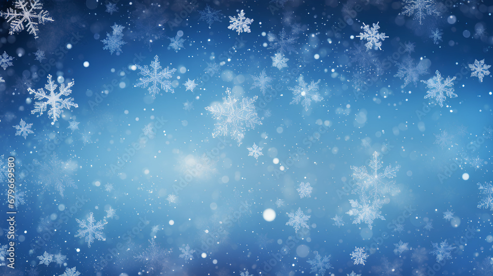 Christmas winter scene of falling snowflakes on a blue background.