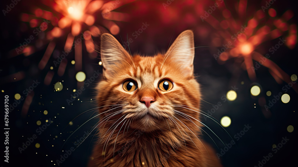 Fototapeta premium Red cat wearing a party hat, birthday party, birthday banner, copy space 