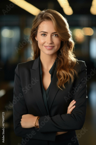 Business woman in suit with arms crossed in modern office.