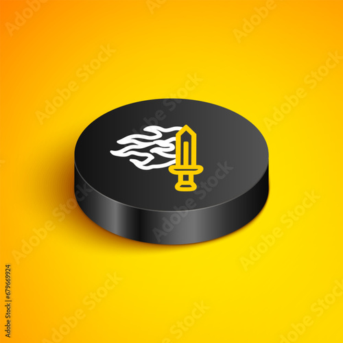 Isometric line Sword for game icon isolated on yellow background. Black circle button. Vector