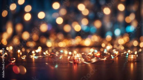 Glowing lights, evening festive atmosphere, party, birthday, blurred bokeh background.