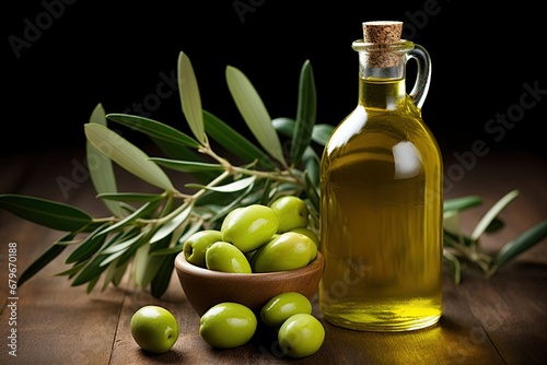 Olive oil in a bottle and olives. Ai Generative