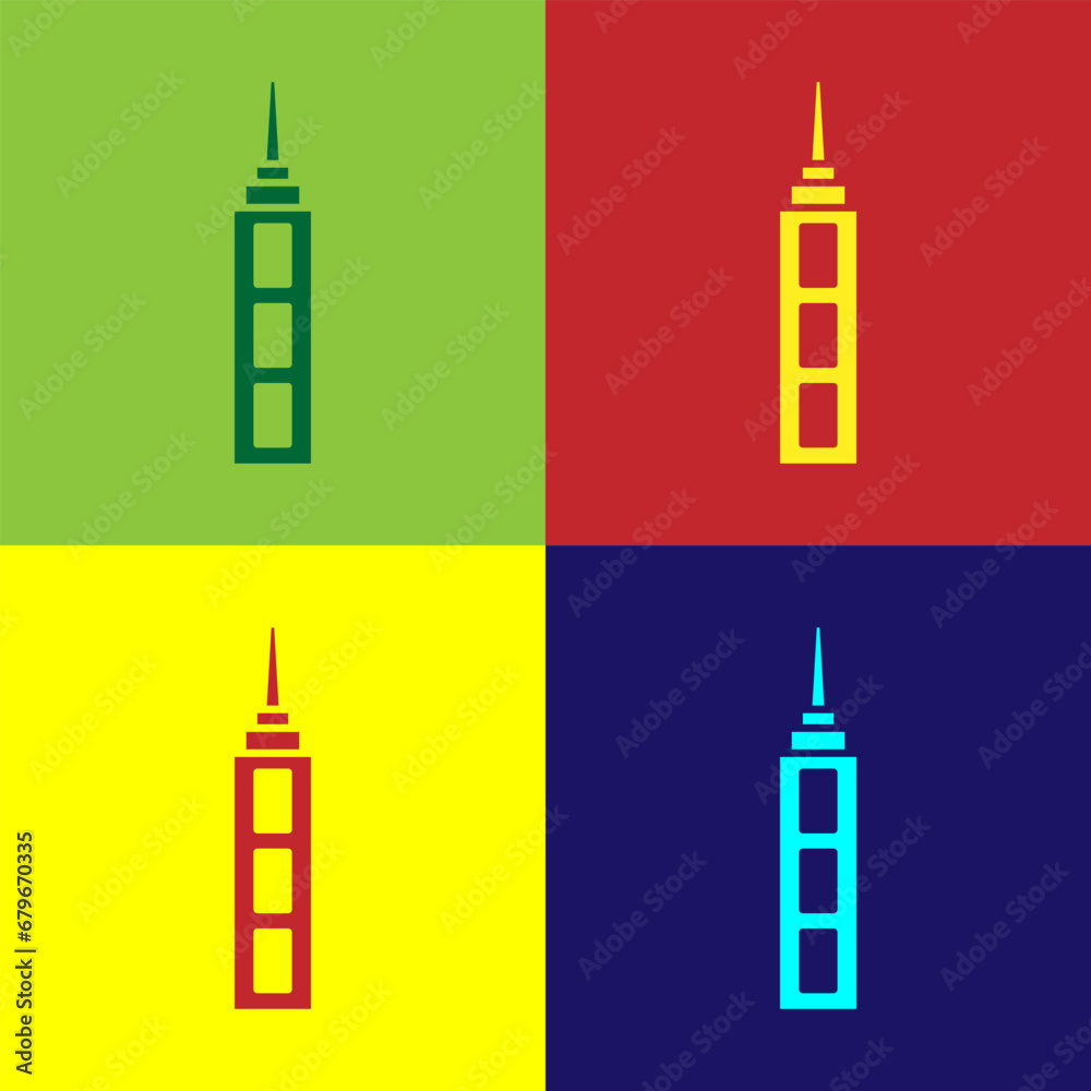 Pop art Skyscraper icon isolated on color background. Metropolis architecture panoramic landscape. Vector Pop art Skyscraper icon isolated on color background. Metropolis architecture panoramic landscape. Vector